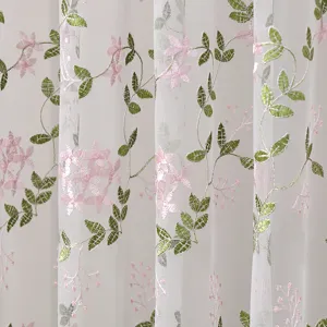 White sheer door curtain with pink floral and green leaf embroidery, soft fabric for bedroom.