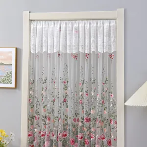Detailed view of Korean style lace embroidered sheer door curtain with floral pattern for bedroom.