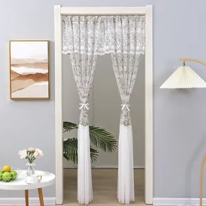 Floral embroidered sheer door curtain for bedroom privacy and mosquito prevention room divider.