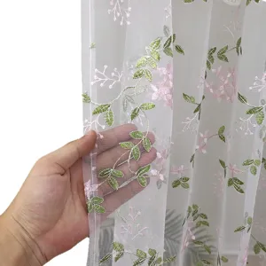 White sheer door curtain with floral embroidery, lightweight tulle partition for bedroom use.