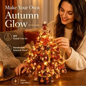 Dettaglio di un kit per albero autunnale fai-da-te con perline, luci calde e decorazioni
