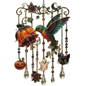 Exquisites Halloween-Sonnenfänger-Windspiel mit buntem Kolibri und Kristalltropfen