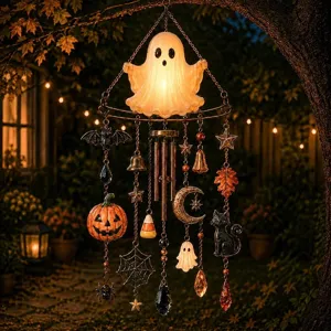 Halloween Windspiel mit leuchtendem Geist und Kristallanhängern für die Gartendeko