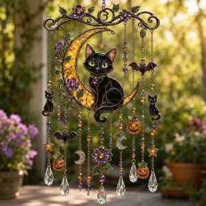 Halloween Sonnenfänger Detail mit schwarzer Katze auf Mondsichel und Kristallen