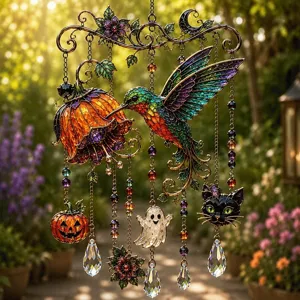 Detaillierte Ansicht eines Halloween-Sonnenfängers mit farbenfrohem Kolibri und Kristallanhängern