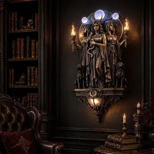 Detaillierte Hekate dreifache Göttin Wandleuchte aus Harz in einer gotischen Bibliothek