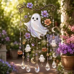 Detailansicht Halloween Sonnenfänger mit Perlglanz-Geist und Kristalltropfen