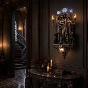 Detailansicht der Hekate-Wandleuchte der dreifachen Göttin in einem gotischen Ambiente