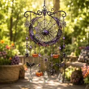 Detailaufnahme des Halloween-Sonnenfängers mit lila Mond, Spinnennetz und Kristalltropfen