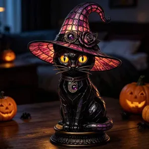 Detailansicht der gotischen schwarzen Katzenlampe mit lila Hexenhut für Halloween