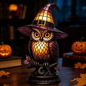 Gotische Buntglas-Eulenlampe mit lila Hexenhut, die perfekte Halloween-Nachtlicht-Deko.