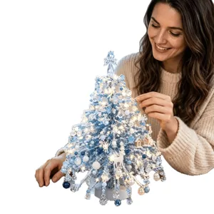 Kit albero di Natale con perline blu e bianco fatto a mano con luci LED calde