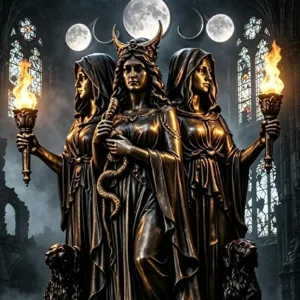 Detailansicht der Hekate-Wandlampe aus Harz mit Fackeln und Mondphasen-Skulptur