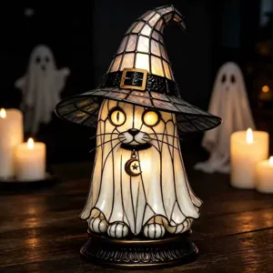 Gotische Harz Hexenhut Katze Geist Nachtlicht mit leuchtenden Augen für Halloween Deko