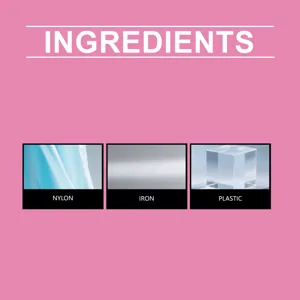 Detailed material breakdown showing nylon, iron and plastic components of the hair tool.