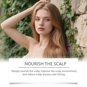 Image de détail d'essence de soin capillaire nourrissante pour cuir chevelu avec modèle sain