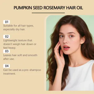 Pumpkin seed rosemary hair oil detail view showing lightweight texture and benefits for dry hair.