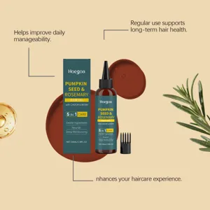 Rosemary hair oil detail view showing pump and rich nourishing formula for scalp health.
