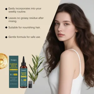 Detail view of Hoegoa rosemary hair oil bottle and botanical sprig in cosmetic application.