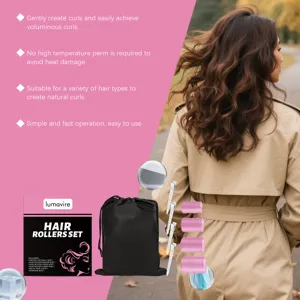 Detailed view of the self-grip hair rollers set featuring various sizes, clips, and bag.
