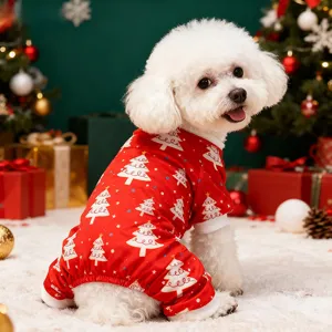 Cute red Christmas dog onesie with white tree print for holiday pet wear detail view