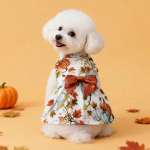 Cute autumn pumpkin print dog dress with a nice brown bow for small and medium pets.