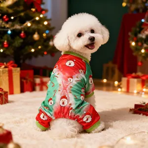 Detailed shot of Christmas pet jumpsuit featuring festive Santa Claus and cute holiday prints.