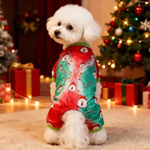 Cute Christmas dog four-leg jumpsuit with Santa and candy cane prints for holiday wear.