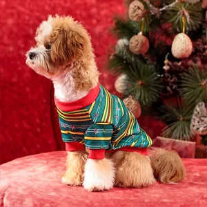 Gemütliches Haustier Weihnachtspullover Detail mit festlicher grün-roter Strickoptik für Hunde.
