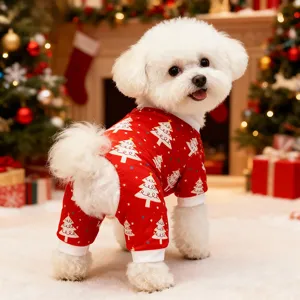 Cute Christmas dog four-leg jumpsuit with festive tree pattern cozy holiday pet apparel.