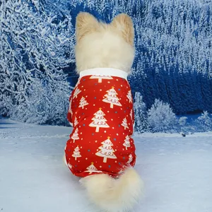 Close-up of pet Christmas four-leg clothing featuring a festive red tree pattern design.