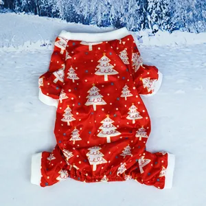 Detailed view of red pet four-leg Christmas tree print warm dog jumpsuit with white cuffs.