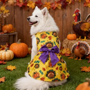 Large dog Thanksgiving dress featuring autumn pumpkin turkey print with a purple bow detail.
