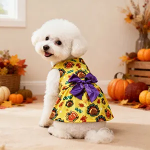 Autumn pumpkin turkey pet dog dress with purple bow, cute Thanksgiving apparel for small dogs.