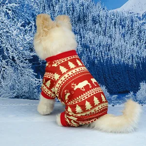 Close-up view of the Christmas pet four-legged jumpsuit with cute reindeer and tree patterns.