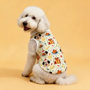 Cute Christmas dog vest with cartoon puppy print, breathable cotton pet clothes for dogs.