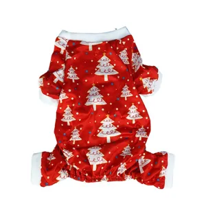 Red Christmas pet jumpsuit with white collar and cuffs, festive holiday dog clothing.