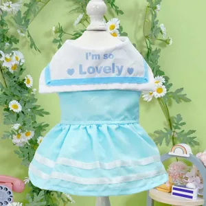 Cute pet sailor dress for dogs and cats, breathable blue and white summer pet apparel detail.