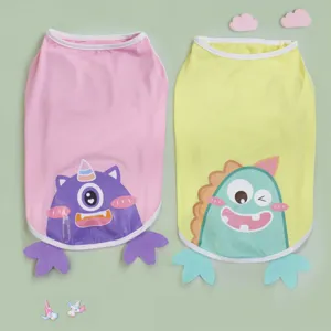 Cute cartoon monster print pet vest detail, breathable fabric flat lay design for small dogs.