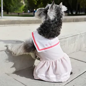 Cute pet dog sailor dress detail showing soft pink fabric and lovely print design.