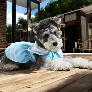 Detailed view of cute pet dog sailor collar dress in light blue, breathable summer pet outfit.