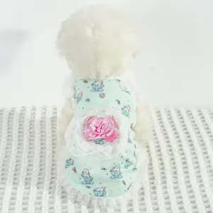 Dettaglio ravvicinato di abiti per animali, gilet in pizzo verde menta con fiori rosa e gatti.