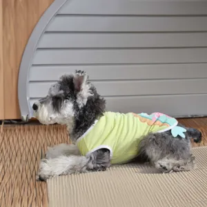 Cute summer dog vest detail, lightweight breathable cartoon pet clothing for small dogs.