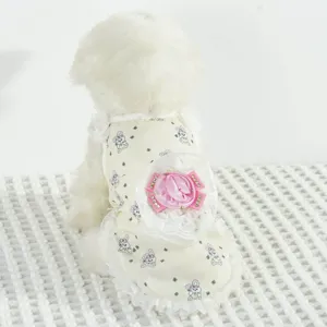 Delizioso abito estivo in pizzo per animali con stampa coniglietto e fiocco in strass rosa.