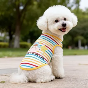 Summer striped pet vest for dogs, cute cartoon printed breathable puppy clothes for small pets.