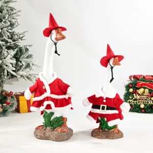 Paire de statues d'oie de Noël pour porche, grande oie blanche en résine avec costume de Père Noël.