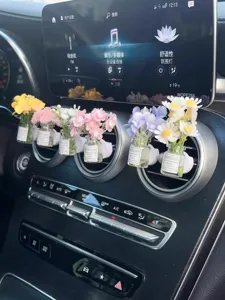 Cute floral car air vent clip aroma bottle detail, charming miniature vase decor for auto interior.