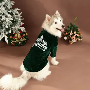 Christmas pet clothes for large dogs, green velvet winter dog coat with holiday embroidery.