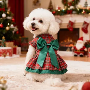 Pet Dog Christmas Plaid Dress Polyester Puppy Princess Skirt With Green Bowknot Holiday Party Apparel Costume
