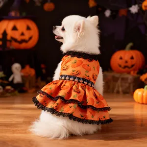 Halloween dog dress pumpkin lace costume for small dogs pet apparel pet party spooky outfit
